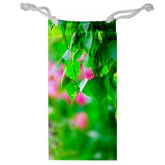 Green Birch Leaves, Pink Flowers Jewelry Bags by FunnyCow