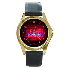 Party Night Bar Neon Quote Leave Disheveled Or Leave Now Round Gold Metal Watch by genx