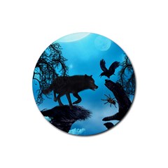 Awesome Black Wolf With Crow And Spider Rubber Round Coaster (4 Pack)  by FantasyWorld7