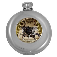 Awesome Steampunk Unicorn With Wings Round Hip Flask (5 Oz) by FantasyWorld7