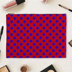 Blue Stars Pattern On Red Cosmetic Bag (xl) by BrightVibesDesign