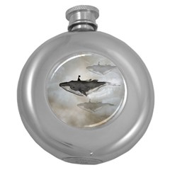 Awesome Fantasy Whale With Women In The Sky Round Hip Flask (5 Oz) by FantasyWorld7