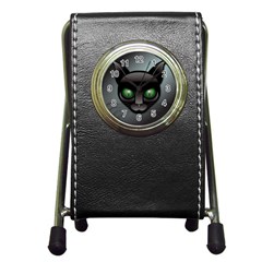 Green Eyes Kitty Cat Pen Holder Desk Clock by HermanTelo