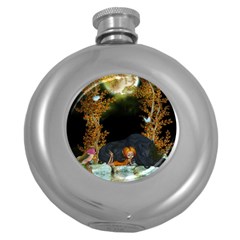 Cute Fairy With Awesome Wolf In The Night Round Hip Flask (5 Oz) by FantasyWorld7