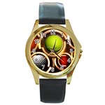 Sport Ball Tennis Golf Football Round Gold Metal Watch Front