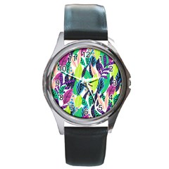 Leaves Drawing Pattern Nature Round Metal Watch by Simbadda