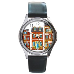 City Buildings Brick Architecture Round Metal Watch by Simbadda