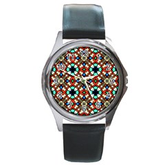 Stained Glass Pattern Texture Face Round Metal Watch by Simbadda