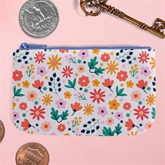 Flat Colorful Flowers Leaves Background Large Coin Purse by Vaneshart