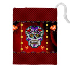 Awesome Sugar Skull With Hearts Drawstring Pouch (5xl) by FantasyWorld7