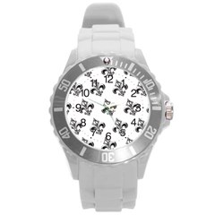 French France Fleur De Lys Metal Pattern Black And White Antique Vintage Round Plastic Sport Watch (l) by Quebec