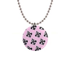 French France Fleur De Lys Metal Pattern Black And White Antique Vintage Pink And Black Rocker 1  Button Necklace by Quebec