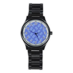 Leaves Ferns Blue Pattern Stainless Steel Round Watch by Vaneshart