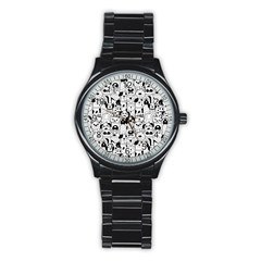 Seamless Pattern With Black White Doodle Dogs Stainless Steel Round Watch by Vaneshart