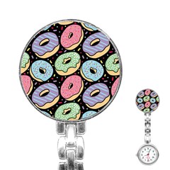 Colorful Donut Seamless Pattern On Black Vector Stainless Steel Nurses Watch by Sobalvarro