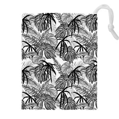 Black And White Leafs Pattern, Tropical Jungle, Nature Themed Drawstring Pouch (4xl) by Casemiro