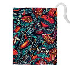 Vintage Tattoos Colorful Seamless Pattern Drawstring Pouch (5xl) by Amaryn4rt