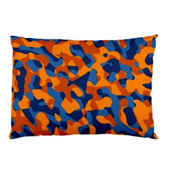 Blue And Orange Camouflage Pattern Pillow Case by SpinnyChairDesigns
