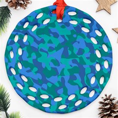 Blue Turquoise Teal Camouflage Pattern Round Filigree Ornament (two Sides) by SpinnyChairDesigns