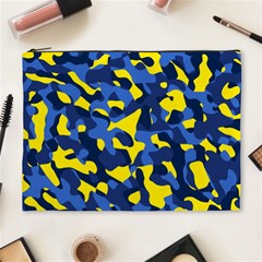 Blue And Yellow Camouflage Pattern Cosmetic Bag (xl) by SpinnyChairDesigns