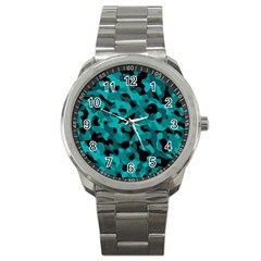 Black And Teal Camouflage Pattern Sport Metal Watch by SpinnyChairDesigns