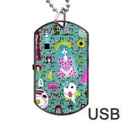 Blue Denim And Drawings Daisies Aqua Dog Tag Usb Flash (one Side) by snowwhitegirl