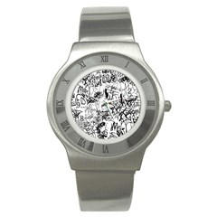 Black And White Graffiti Abstract Collage Stainless Steel Watch by dflcprintsclothing