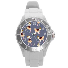 Cute  Pattern With  Dancing Ballerinas On The Blue Background Round Plastic Sport Watch (l) by EvgeniiaBychkova