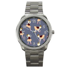 Cute  Pattern With  Dancing Ballerinas On The Blue Background Sport Metal Watch by EvgeniiaBychkova