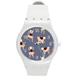 Cute  Pattern With  Dancing Ballerinas On The Blue Background Round Plastic Sport Watch (M) Front