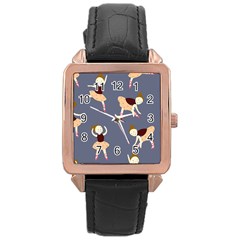 Cute  Pattern With  Dancing Ballerinas On The Blue Background Rose Gold Leather Watch  by EvgeniiaBychkova