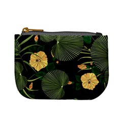Tropical Vintage Yellow Hibiscus Floral Green Leaves Seamless Pattern Black Background  Mini Coin Purse by Sobalvarro