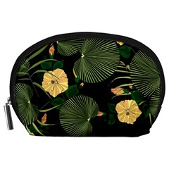 Tropical Vintage Yellow Hibiscus Floral Green Leaves Seamless Pattern Black Background  Accessory Pouch (large) by Sobalvarro