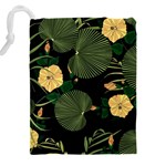 Tropical vintage yellow hibiscus floral green leaves seamless pattern black background. Drawstring Pouch (4XL) Back
