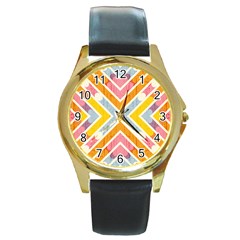 Line Pattern Cross Print Repeat Round Gold Metal Watch by Dutashop
