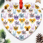 Funny Animal Faces With Glasses On A White Background Heart Ornament (Two Sides) Front