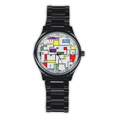 Colorful Rectangles Stainless Steel Round Watch by LalyLauraFLM