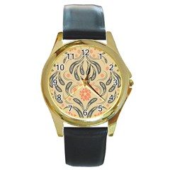 Folk Flowers Print Floral Pattern Ethnic Art Round Gold Metal Watch by Eskimos