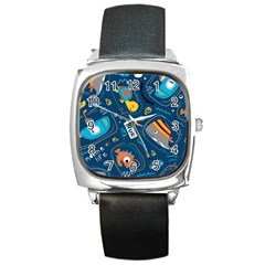 Seamless-pattern-vector-submarine-with-sea-animals-cartoon Square Metal Watch by Jancukart