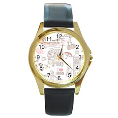 London-paris-drawing-vector-london-comics Round Gold Metal Watch by Jancukart