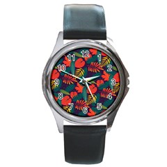 Leaves Pattern Wallpaper Seamless Round Metal Watch by Sudhe