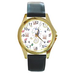 Seamless-pattern-cute-unicorn-cartoon-hand-drawn Round Gold Metal Watch by Jancukart