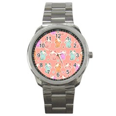 Cute Kawaii Kittens Seamless Pattern Sport Metal Watch by Wegoenart