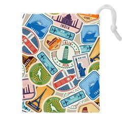 Travel Pattern Immigration Stamps Stickers With Historical Cultural Objects Travelling Visa Immigran Drawstring Pouch (5xl) by Wegoenart