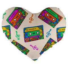 Seamless Pattern With Colorfu Cassettes Hippie Style Doodle Musical Texture Wrapping Fabric Vector Large 19  Premium Heart Shape Cushions by Pakemis