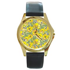 Seamless-pattern-with-graphic-spring-flowers Round Gold Metal Watch by Pakemis