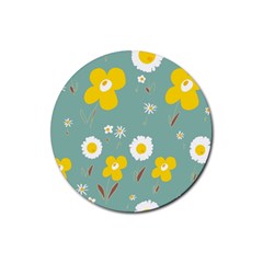 Daisy Flowers Yellow White Brown Sage Green  Rubber Round Coaster (4 Pack) by Mazipoodles