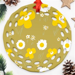 Daisy Flowers Yellow White Olive  Ornament (round Filigree) by Mazipoodles