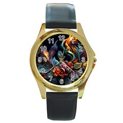 Flowers Flame Abstract Floral Round Gold Metal Watch by Jancukart