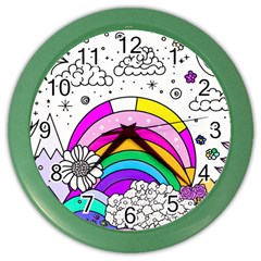 Rainbow Fun Cute Minimal Doodle Drawing Art Color Wall Clock by Ravend